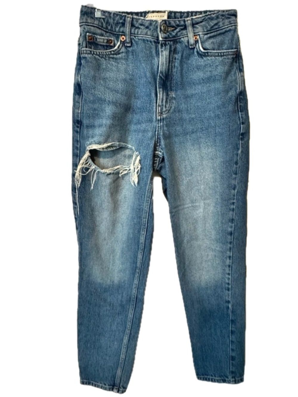 Topshop High Rise Mom Jeans 25 Distressed Ripped Blue Vintage Wash